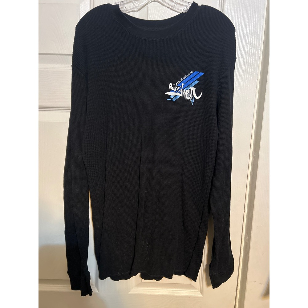 Quiksilver Mens XL‎ Black Waffle Knit Thermal Long Sleeve Graphic Surf Shirt